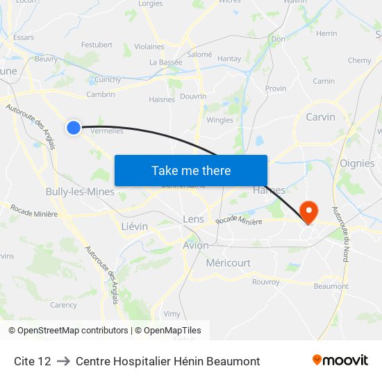 Cite 12 to Centre Hospitalier Hénin Beaumont map