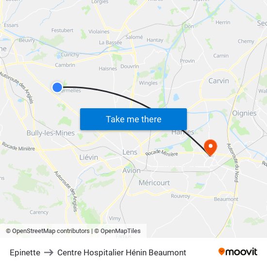 Epinette to Centre Hospitalier Hénin Beaumont map