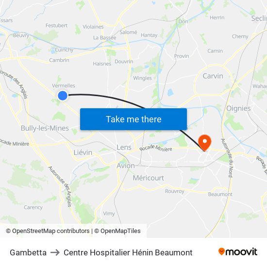 Gambetta to Centre Hospitalier Hénin Beaumont map