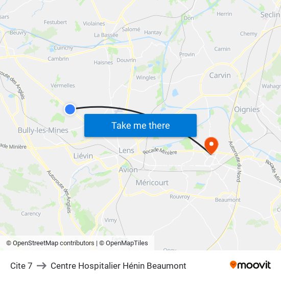 Cite 7 to Centre Hospitalier Hénin Beaumont map