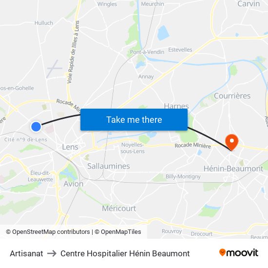Artisanat to Centre Hospitalier Hénin Beaumont map