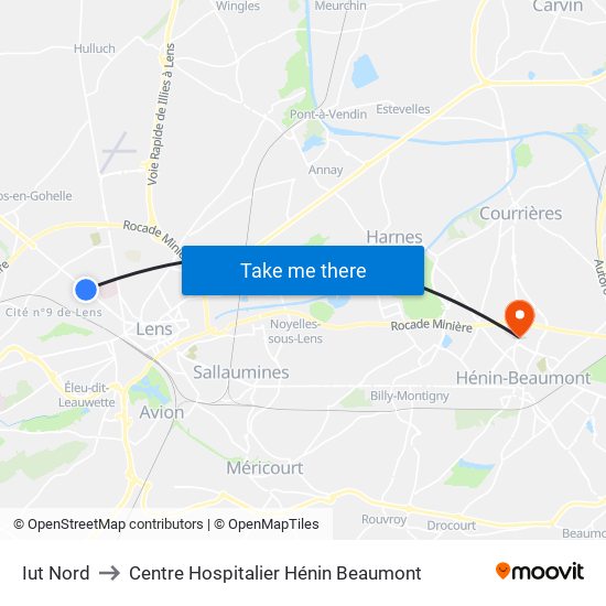 Iut Nord to Centre Hospitalier Hénin Beaumont map