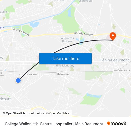 College Wallon to Centre Hospitalier Hénin Beaumont map