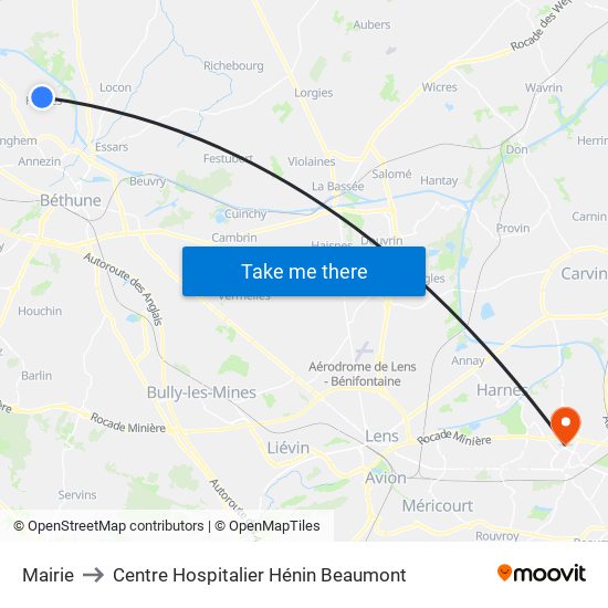 Mairie to Centre Hospitalier Hénin Beaumont map