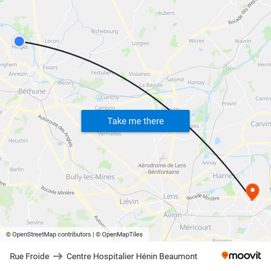 Rue Froide to Centre Hospitalier Hénin Beaumont map