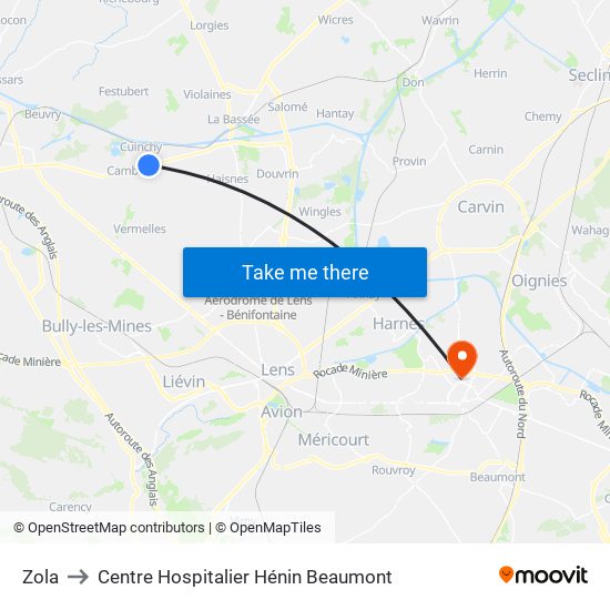 Zola to Centre Hospitalier Hénin Beaumont map