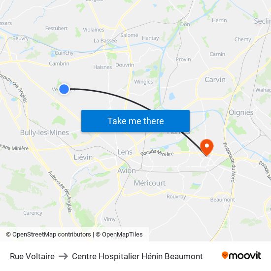 Rue Voltaire to Centre Hospitalier Hénin Beaumont map