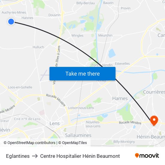 Eglantines to Centre Hospitalier Hénin Beaumont map