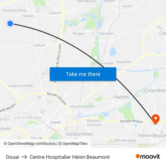Douai to Centre Hospitalier Hénin Beaumont map