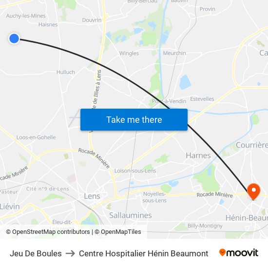 Jeu De Boules to Centre Hospitalier Hénin Beaumont map