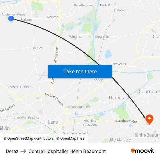 Derez to Centre Hospitalier Hénin Beaumont map