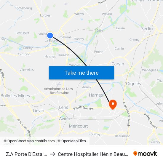 Z.A Porte D'Estaires to Centre Hospitalier Hénin Beaumont map