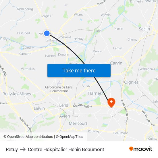 Retuy to Centre Hospitalier Hénin Beaumont map