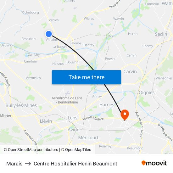 Marais to Centre Hospitalier Hénin Beaumont map