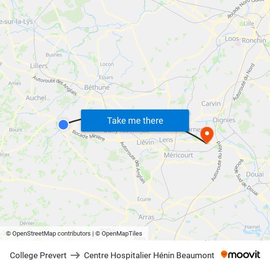 College Prevert to Centre Hospitalier Hénin Beaumont map