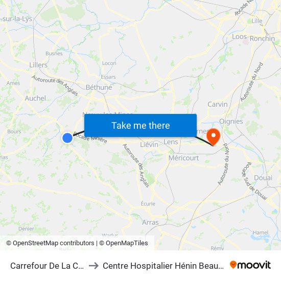 Carrefour De La Croix to Centre Hospitalier Hénin Beaumont map