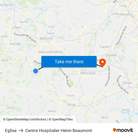 Eglise to Centre Hospitalier Hénin Beaumont map