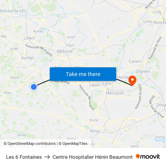 Les 6 Fontaines to Centre Hospitalier Hénin Beaumont map