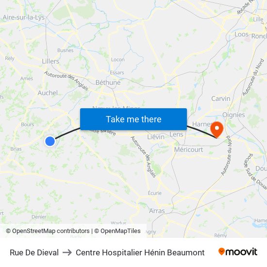 Rue De Dieval to Centre Hospitalier Hénin Beaumont map