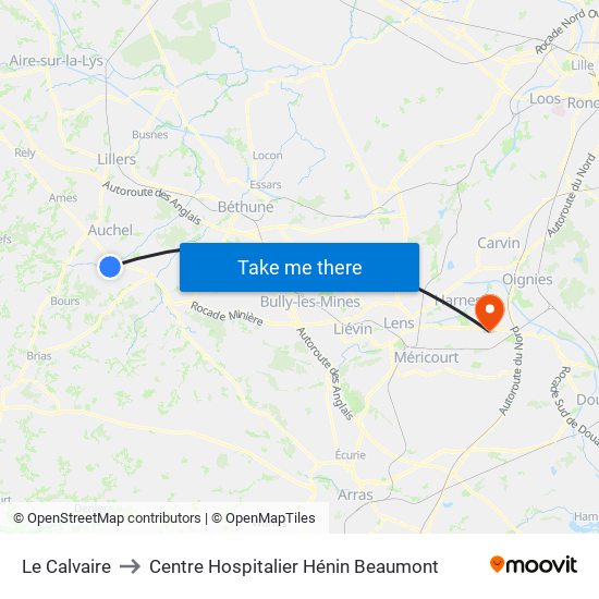 Le Calvaire to Centre Hospitalier Hénin Beaumont map