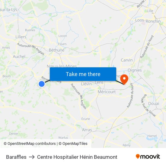 Baraffles to Centre Hospitalier Hénin Beaumont map