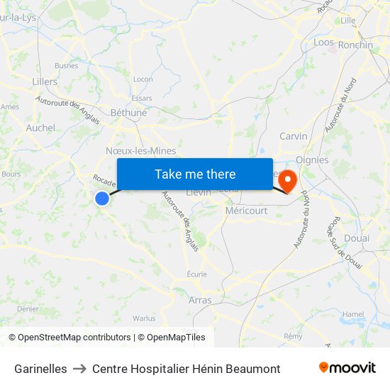 Garinelles to Centre Hospitalier Hénin Beaumont map