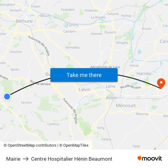 Mairie to Centre Hospitalier Hénin Beaumont map