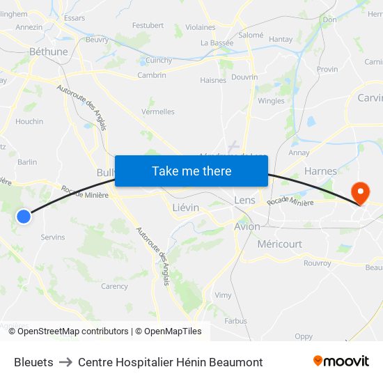 Bleuets to Centre Hospitalier Hénin Beaumont map