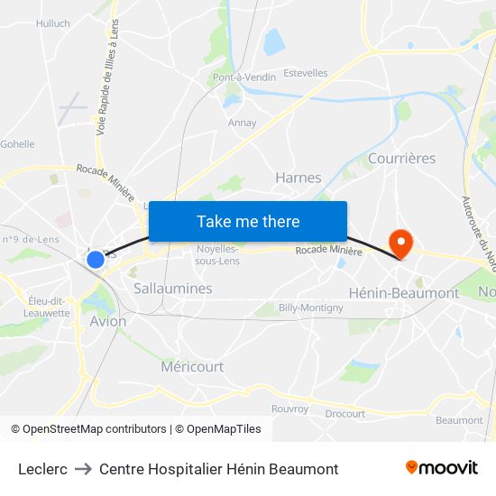 Leclerc to Centre Hospitalier Hénin Beaumont map