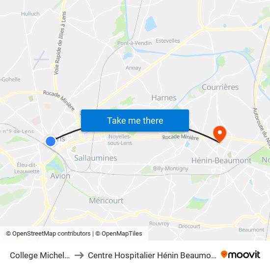 College Michelet to Centre Hospitalier Hénin Beaumont map