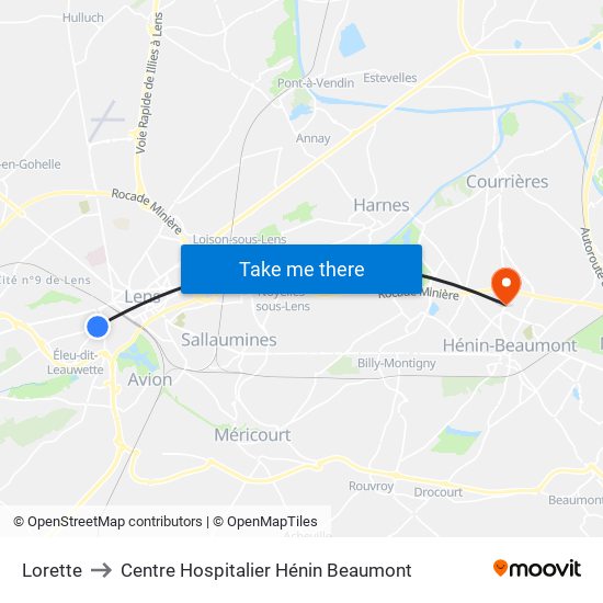 Lorette to Centre Hospitalier Hénin Beaumont map