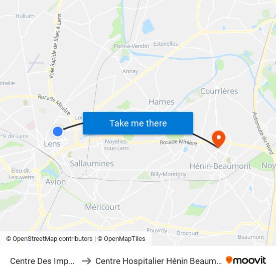 Centre Des Impots to Centre Hospitalier Hénin Beaumont map