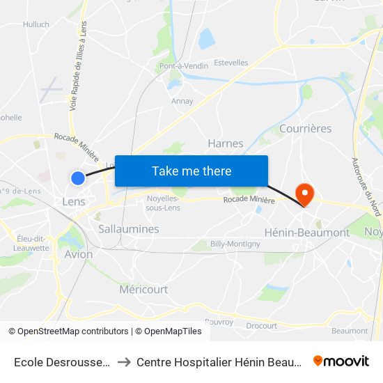 Ecole Desrousseaux to Centre Hospitalier Hénin Beaumont map