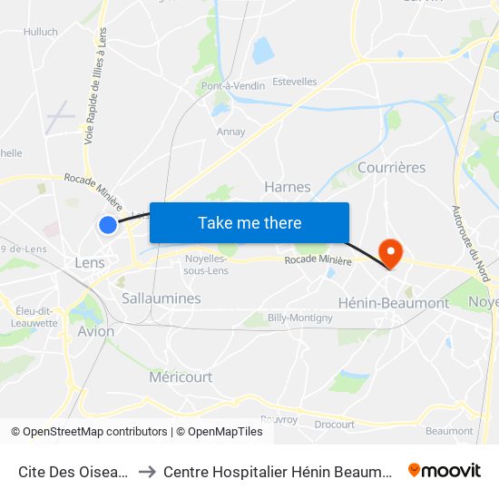 Cite Des Oiseaux to Centre Hospitalier Hénin Beaumont map
