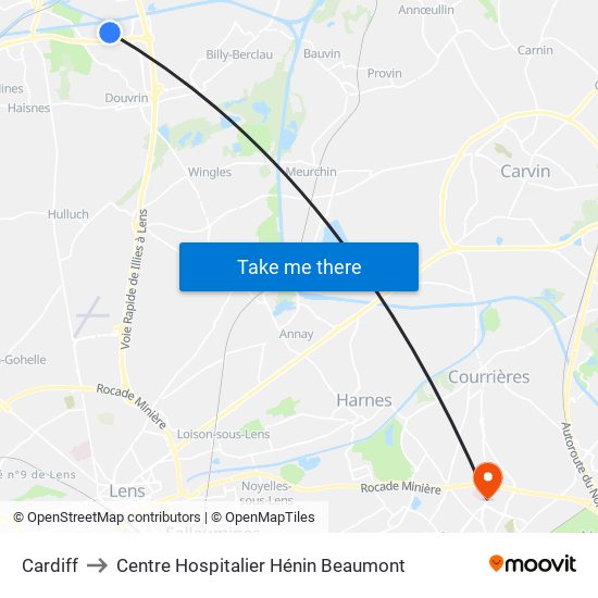 Cardiff to Centre Hospitalier Hénin Beaumont map