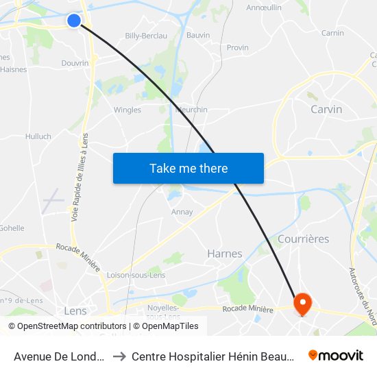 Avenue De Londres to Centre Hospitalier Hénin Beaumont map