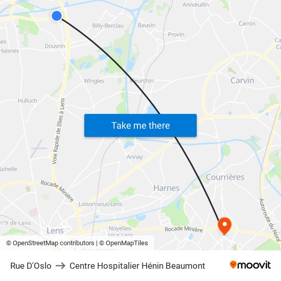 Rue D'Oslo to Centre Hospitalier Hénin Beaumont map