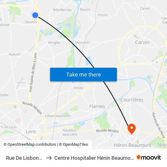 Rue De Lisbonne to Centre Hospitalier Hénin Beaumont map
