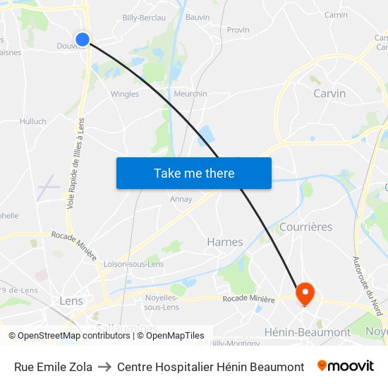 Rue Emile Zola to Centre Hospitalier Hénin Beaumont map