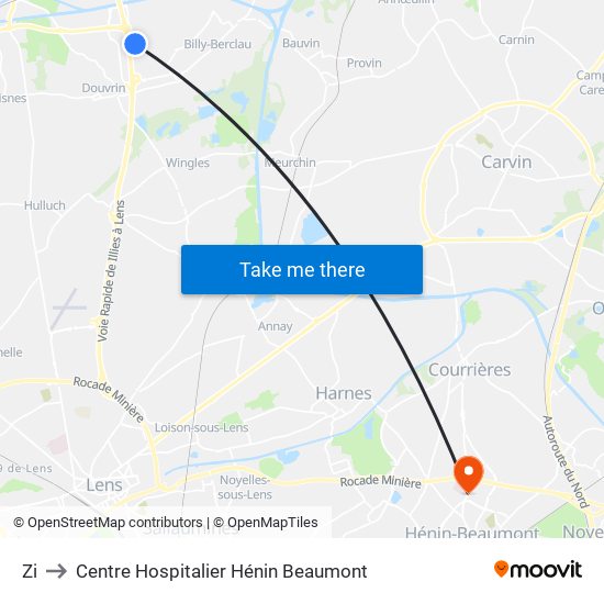 Zi to Centre Hospitalier Hénin Beaumont map