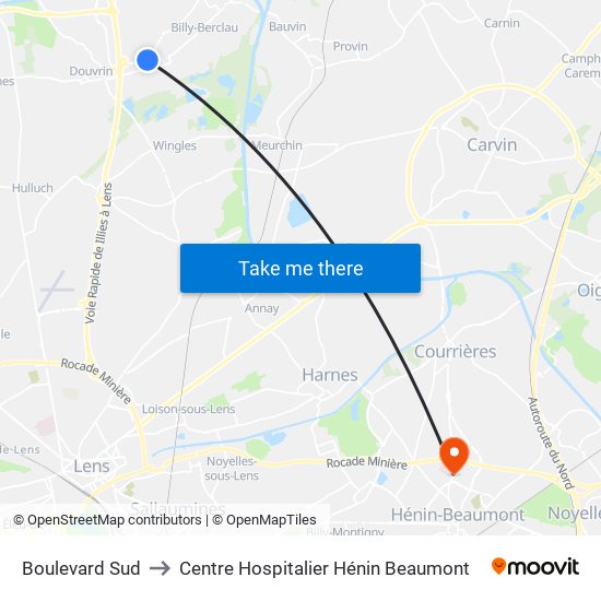 Boulevard Sud to Centre Hospitalier Hénin Beaumont map