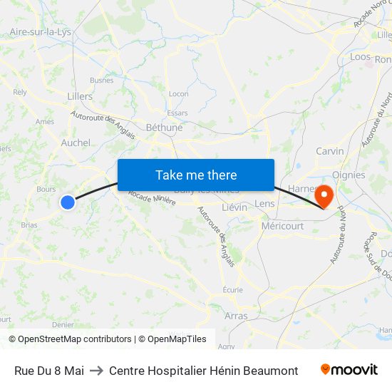 Rue Du 8 Mai to Centre Hospitalier Hénin Beaumont map
