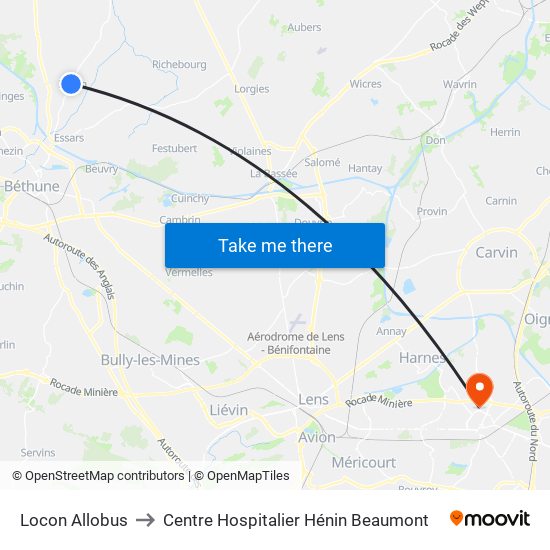 Locon Allobus to Centre Hospitalier Hénin Beaumont map