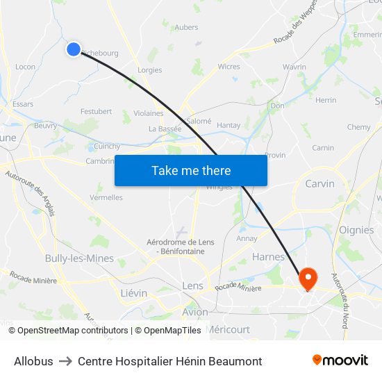 Allobus to Centre Hospitalier Hénin Beaumont map