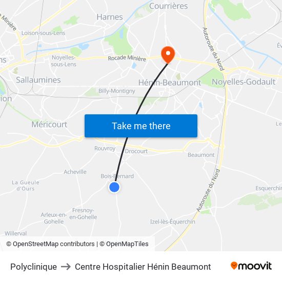 Polyclinique to Centre Hospitalier Hénin Beaumont map