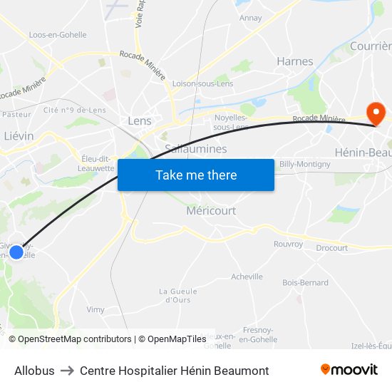 Allobus to Centre Hospitalier Hénin Beaumont map