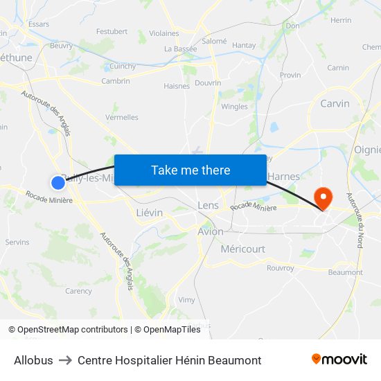 Allobus to Centre Hospitalier Hénin Beaumont map