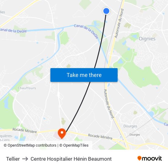 Tellier to Centre Hospitalier Hénin Beaumont map