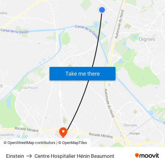 Einstein to Centre Hospitalier Hénin Beaumont map