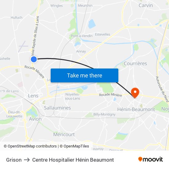 Grison to Centre Hospitalier Hénin Beaumont map